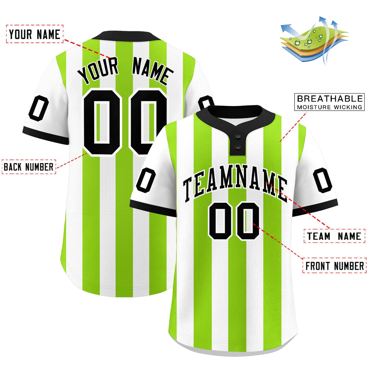 Custom White Neon Green Stripe Fashion Authentic Two-Button Baseball Jersey