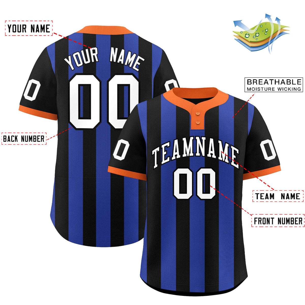 Custom Black Royal Stripe Fashion Authentic Two-Button Baseball Jersey