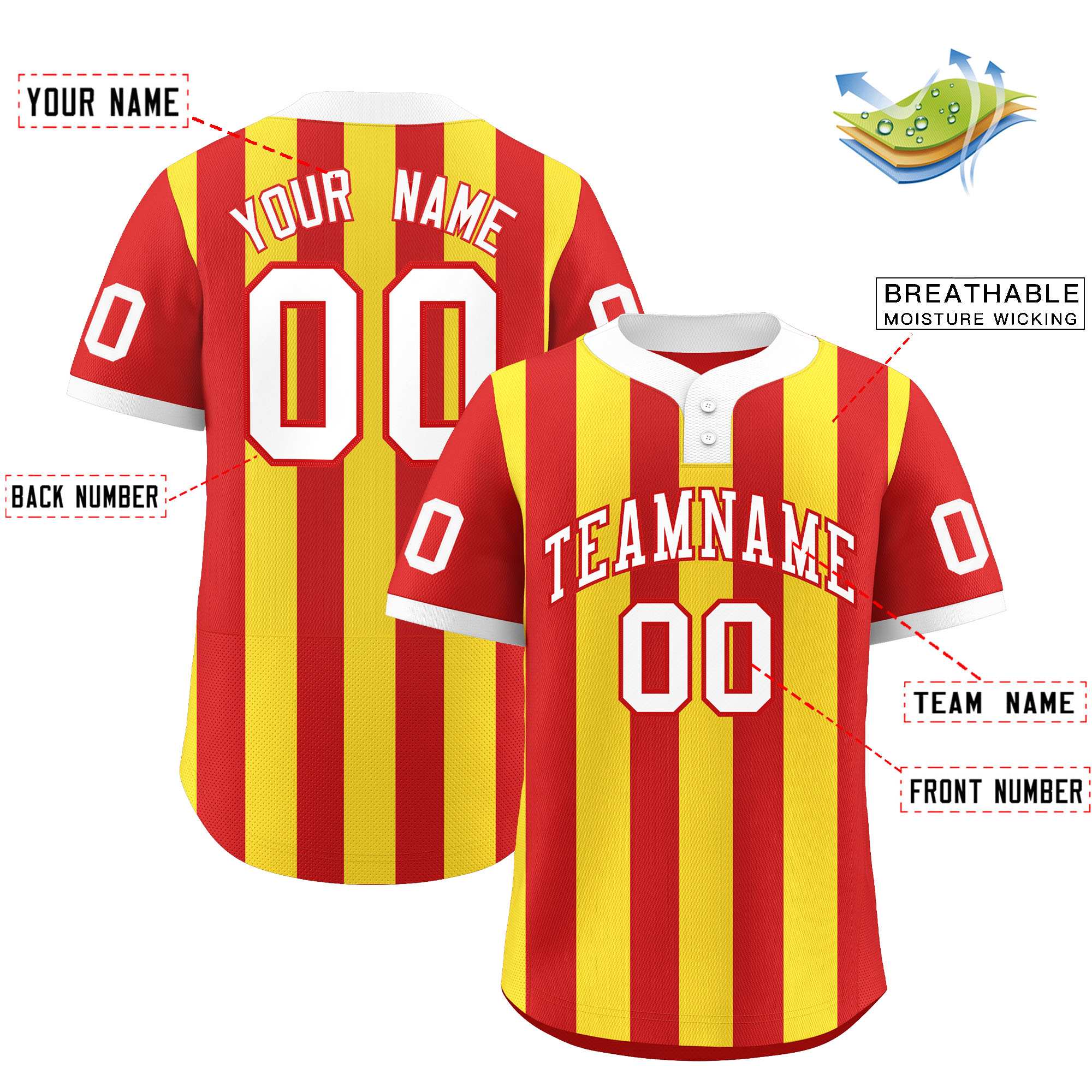 Custom Red Gold Stripe Fashion Authentic Two-Button Baseball Jersey