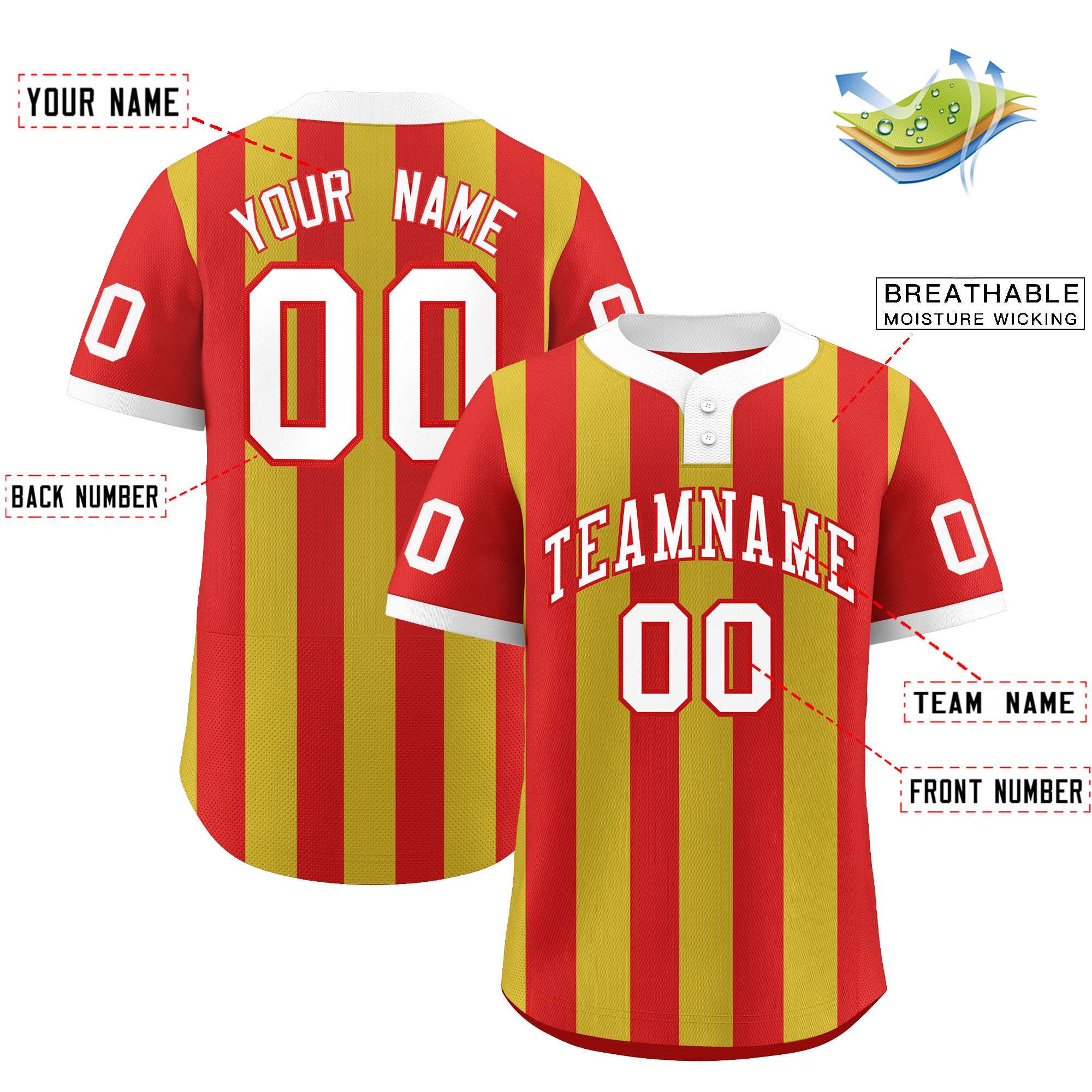 Custom Red Old Gold Stripe Fashion Authentic Two-Button Baseball Jersey
