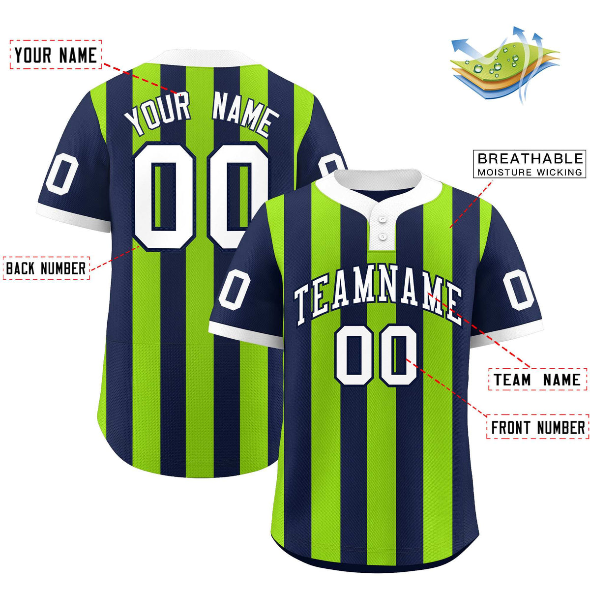 Custom Navy Neon Green Stripe Fashion Authentic Two-Button Baseball Jersey
