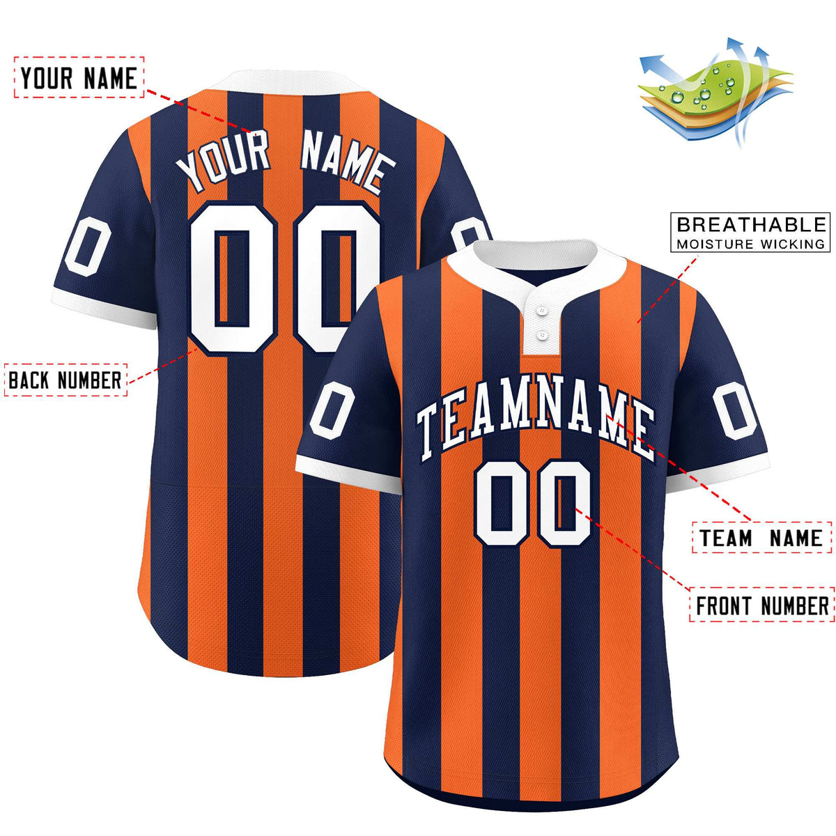 Custom Navy Orange Stripe Fashion Authentic Two-Button Baseball Jersey
