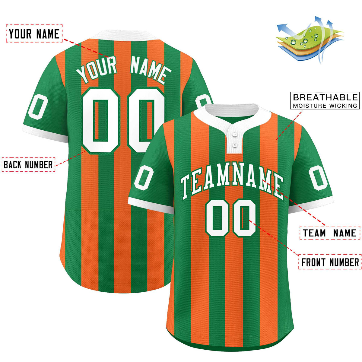 Custom Kelly Green Orange Stripe Fashion Authentic Two-Button Baseball Jersey