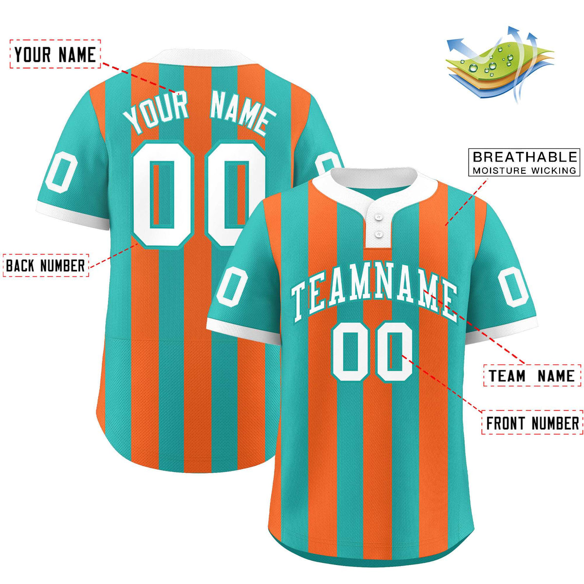 Custom Aqua Orange Stripe Fashion Authentic Two-Button Baseball Jersey