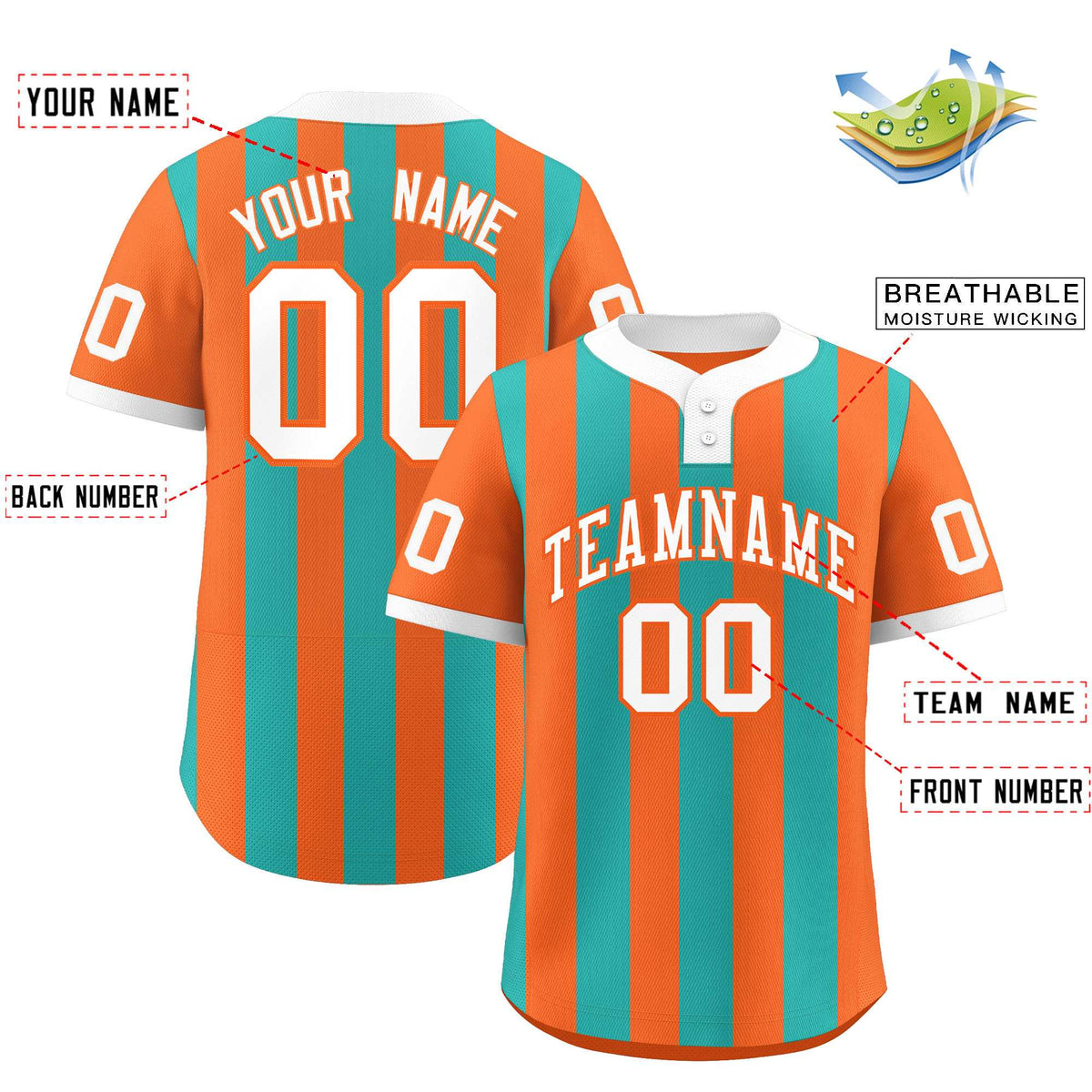 Custom Orange Aqua Stripe Fashion Authentic Two-Button Baseball Jersey