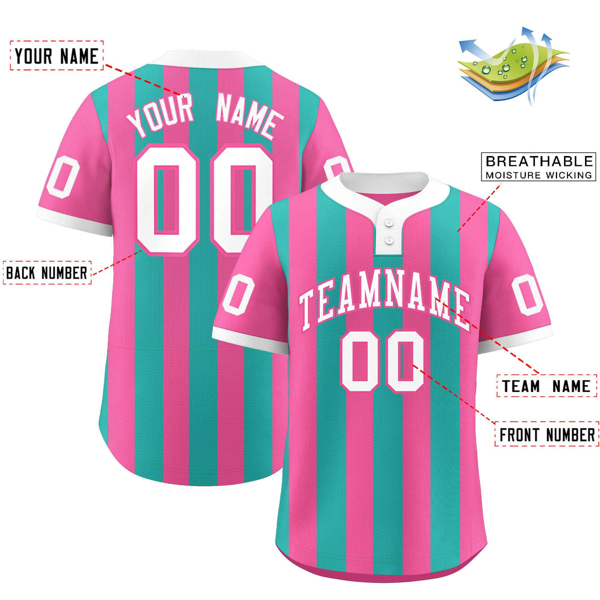 Custom Pink Aqua Stripe Fashion Authentic Two-Button Baseball Jersey