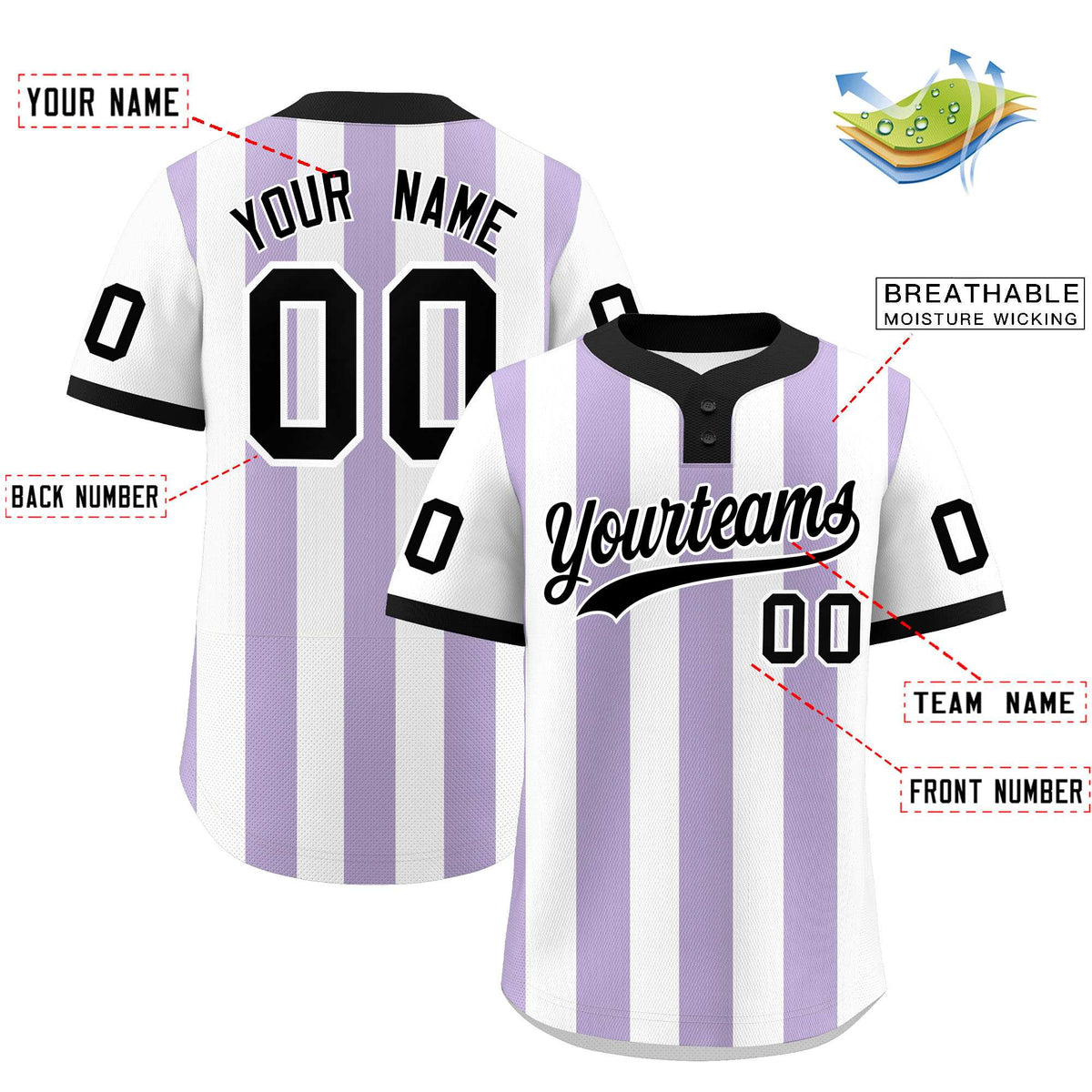 Custom White Light Purple Stripe Fashion Authentic Two-Button Baseball Jersey
