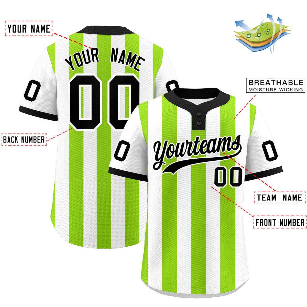 Custom White Neon Green Stripe Fashion Authentic Two-Button Baseball Jersey