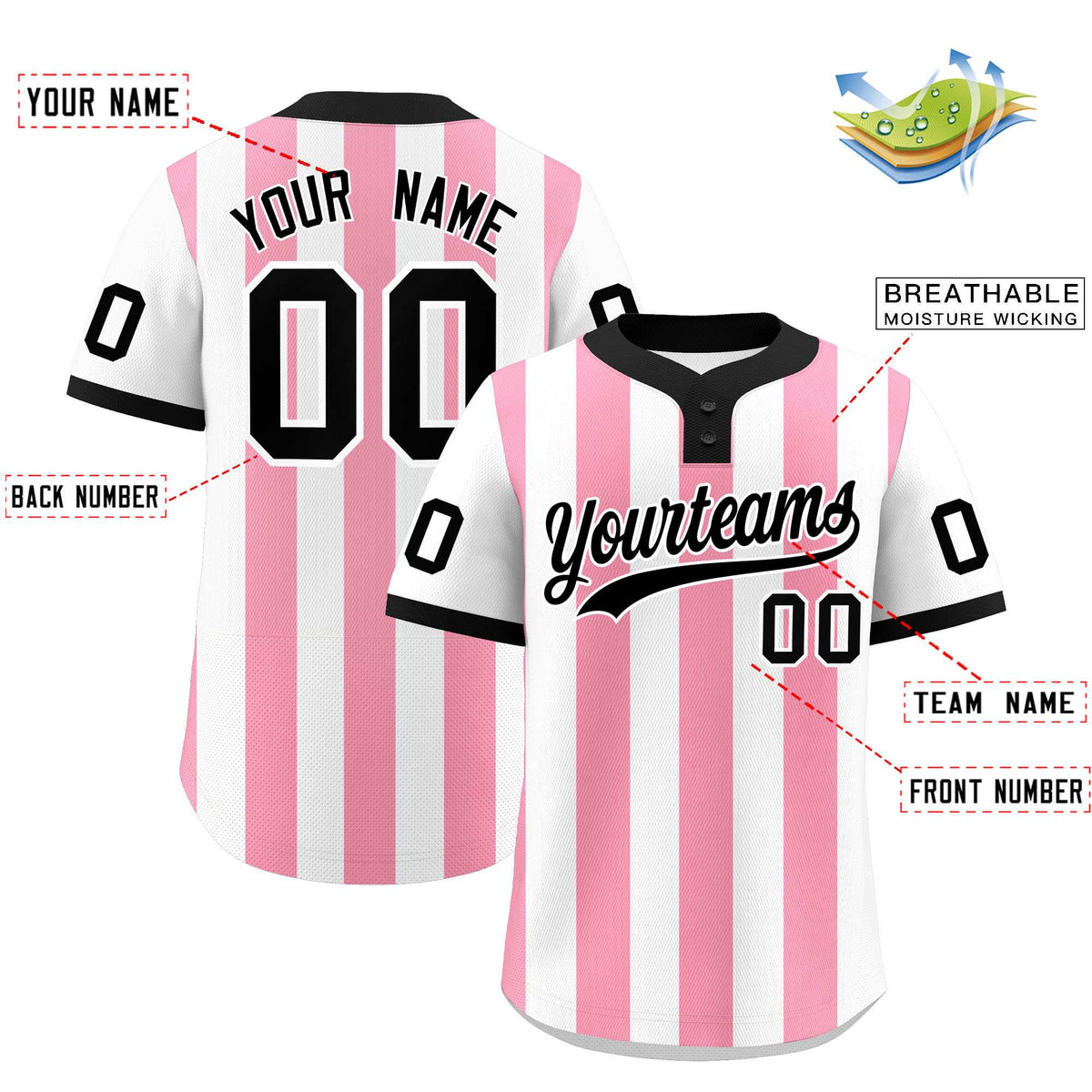 Custom White Light Pink Stripe Fashion Authentic Two-Button Baseball Jersey