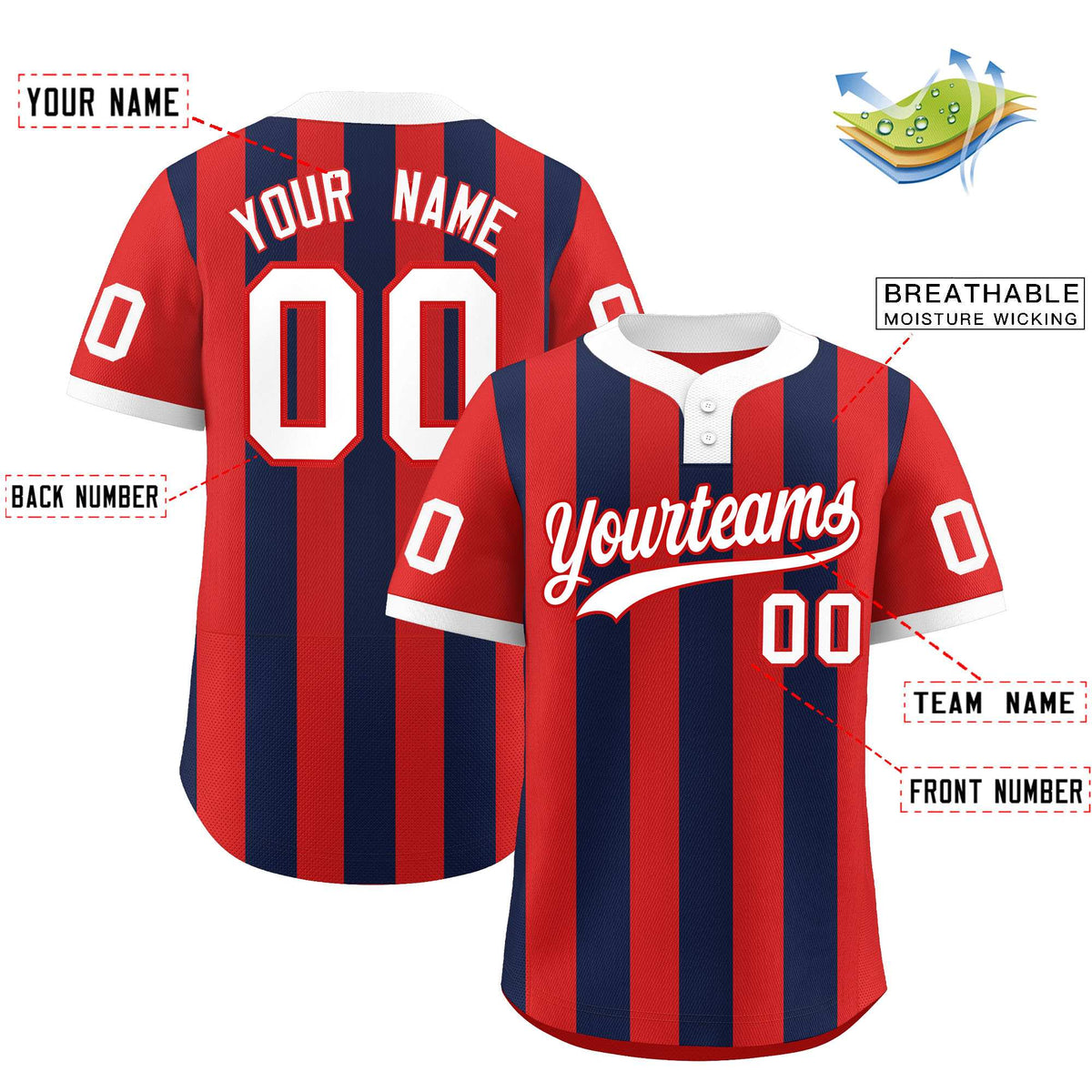 Custom Red Navy Stripe Fashion Authentic Two-Button Baseball Jersey