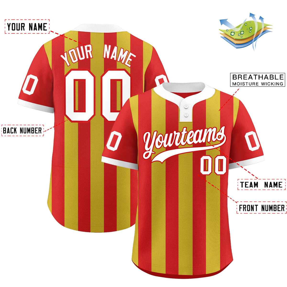 Custom Red Old Gold Stripe Fashion Authentic Two-Button Baseball Jersey