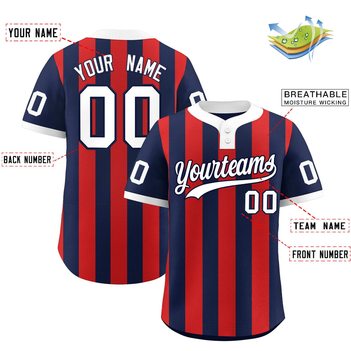 Custom Navy Red Stripe Fashion Authentic Two-Button Baseball Jersey