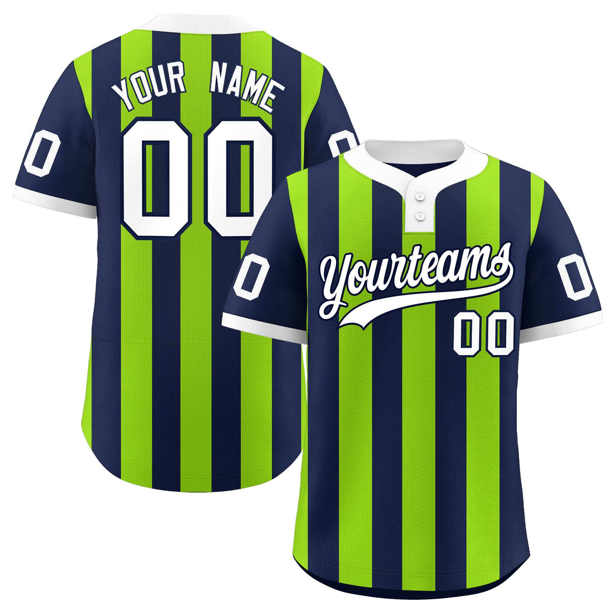 Custom Navy Neon Green Stripe Fashion Authentic Two-Button Baseball Jersey