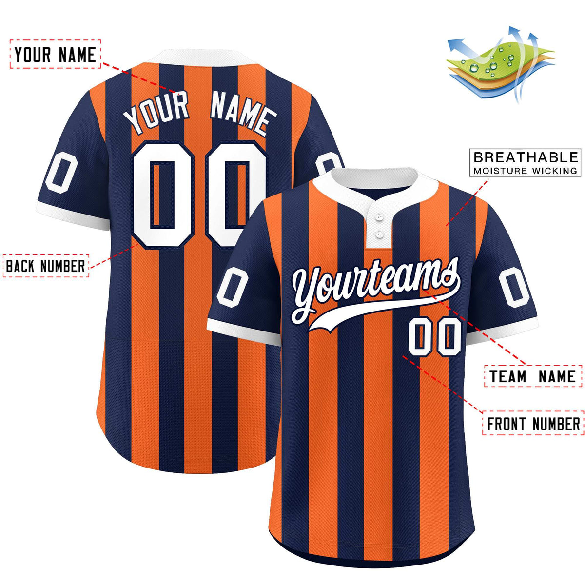 Custom Navy Orange Stripe Fashion Authentic Two-Button Baseball Jersey