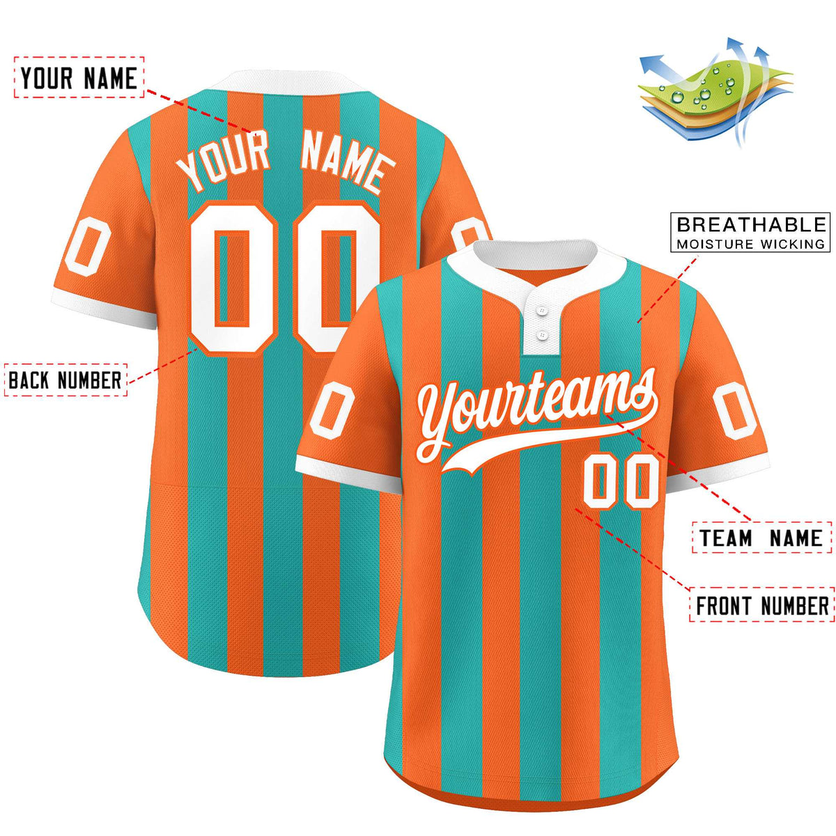 Custom Orange Aqua Stripe Fashion Authentic Two-Button Baseball Jersey