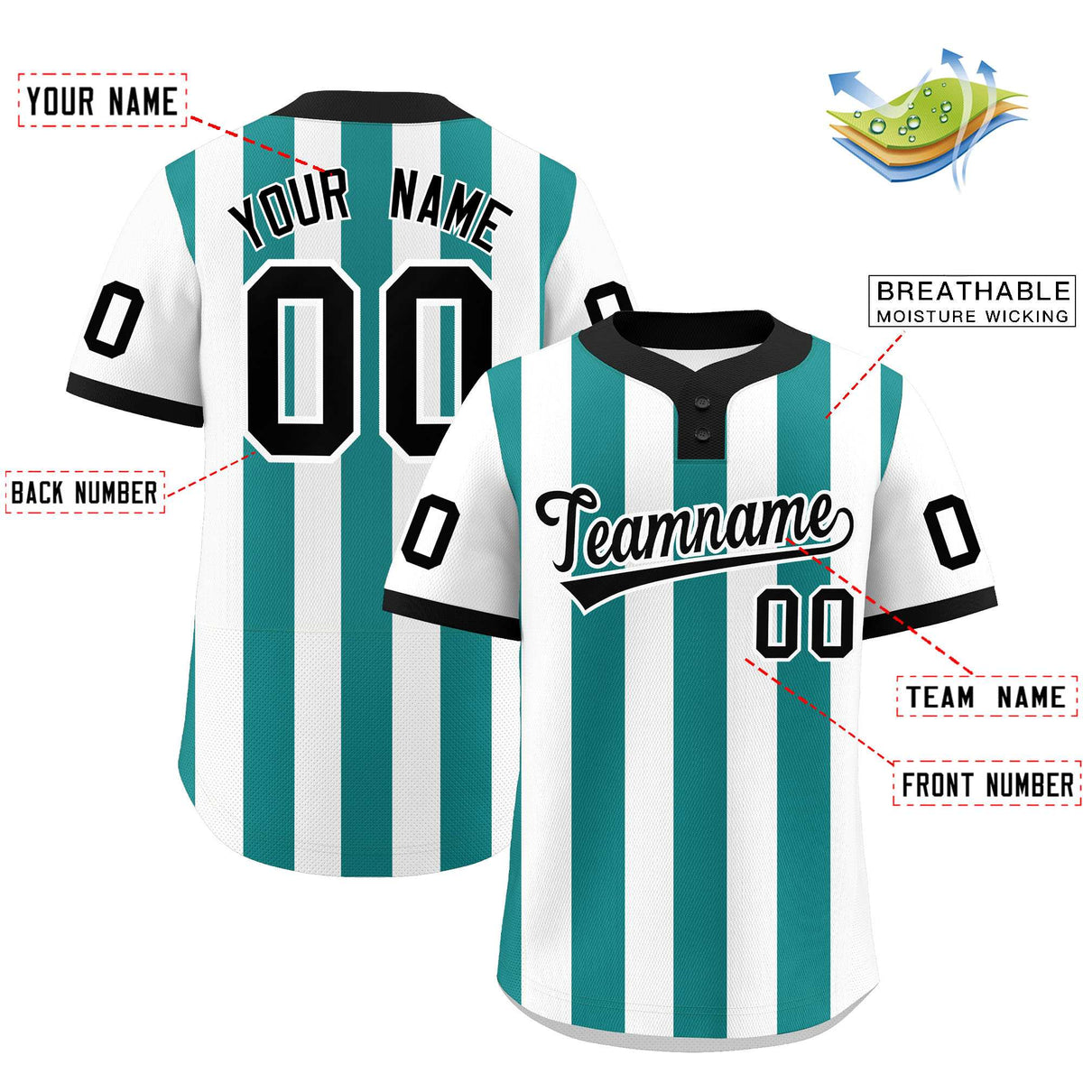 Custom White Aqua Stripe Fashion Authentic Two-Button Baseball Jersey