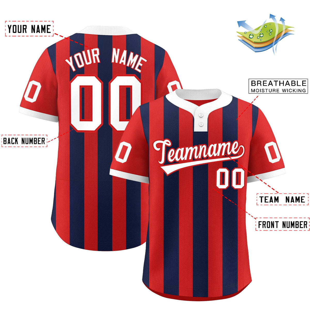 Custom Red Navy Stripe Fashion Authentic Two-Button Baseball Jersey