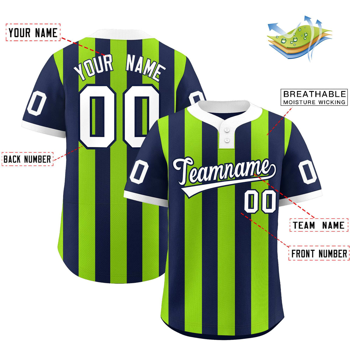 Custom Navy Neon Green Stripe Fashion Authentic Two-Button Baseball Jersey