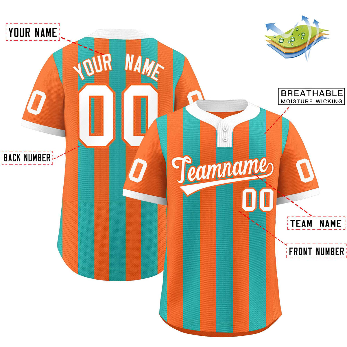 Custom Orange Aqua Stripe Fashion Authentic Two-Button Baseball Jersey