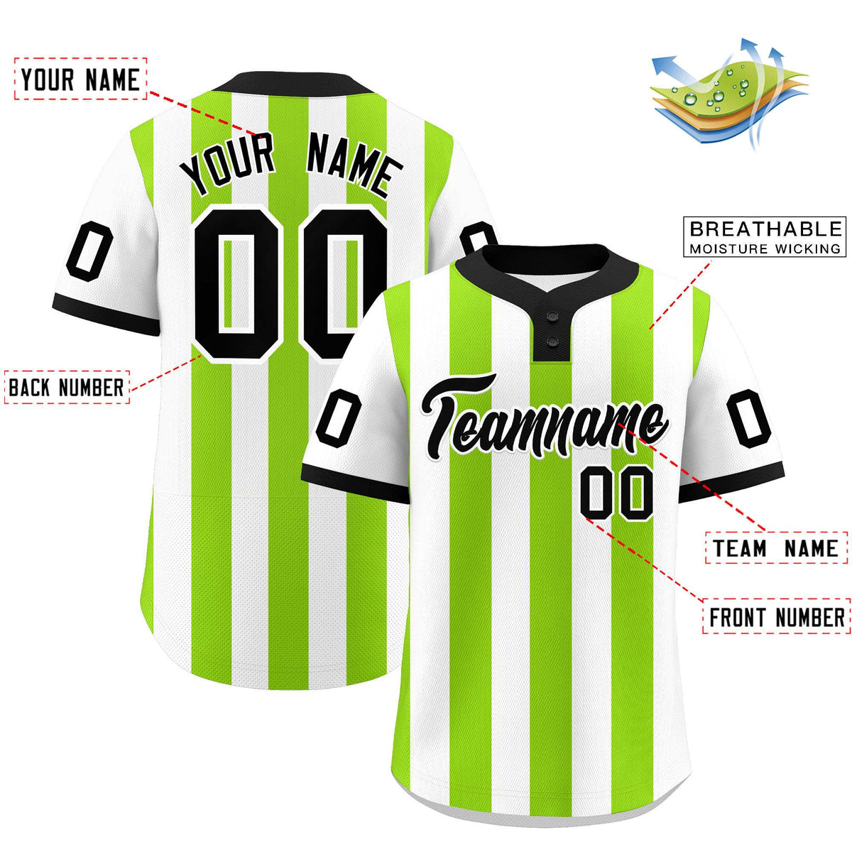 Custom White Neon Green Stripe Fashion Authentic Two-Button Baseball Jersey