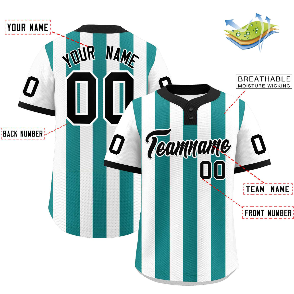 Custom White Aqua Stripe Fashion Authentic Two-Button Baseball Jersey