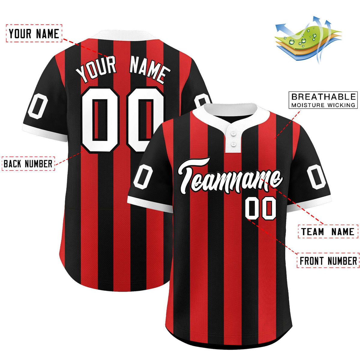 Custom Black Red Stripe Fashion Authentic Two-Button Baseball Jersey