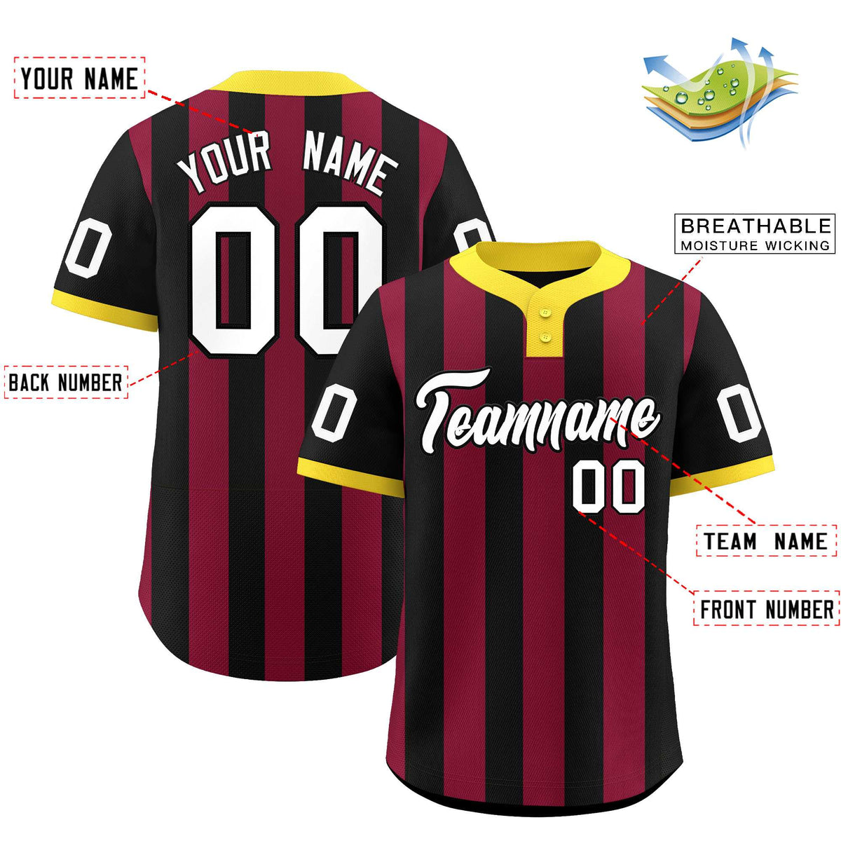 Custom Black Crimson Stripe Fashion Authentic Two-Button Baseball Jersey