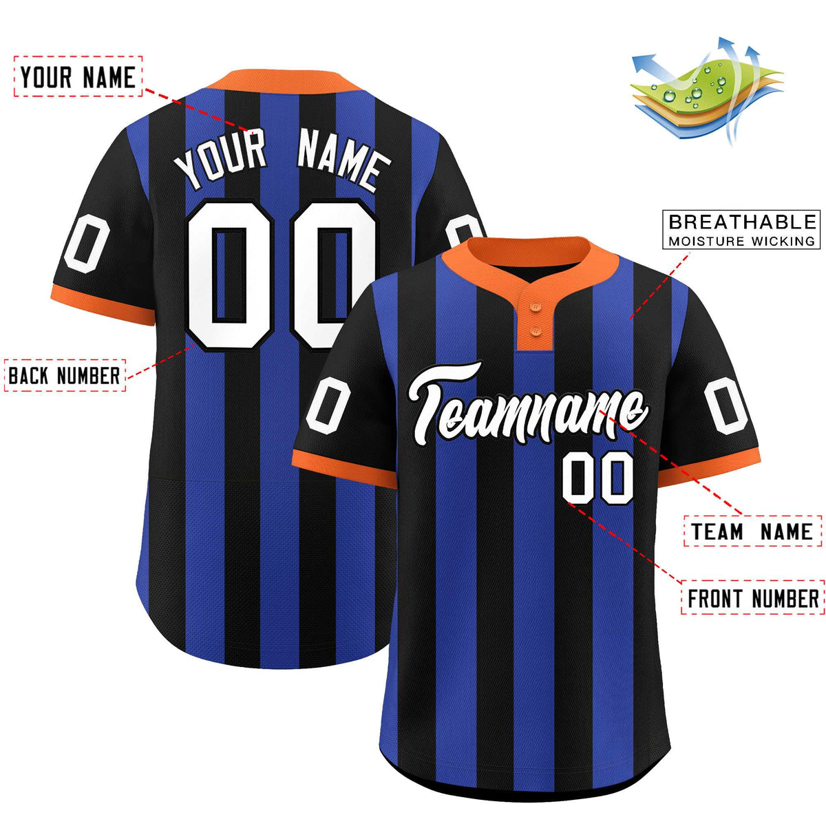 Custom Black Royal Stripe Fashion Authentic Two-Button Baseball Jersey