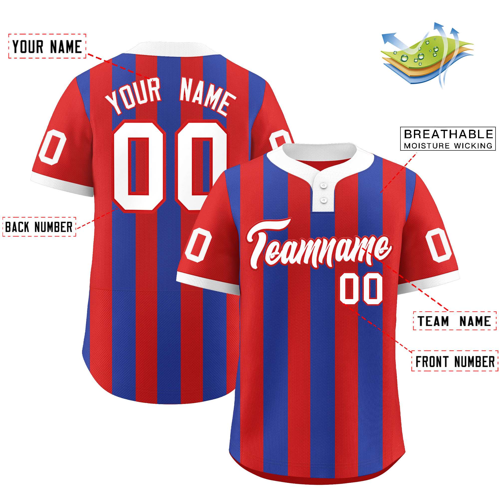 Custom Red Royal Stripe Fashion Authentic Two-Button Baseball Jersey