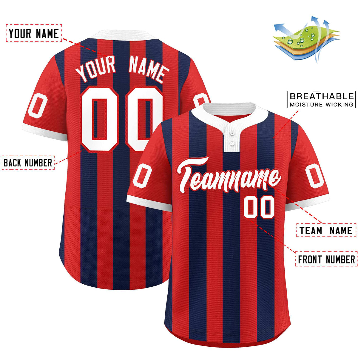 Custom Red Navy Stripe Fashion Authentic Two-Button Baseball Jersey
