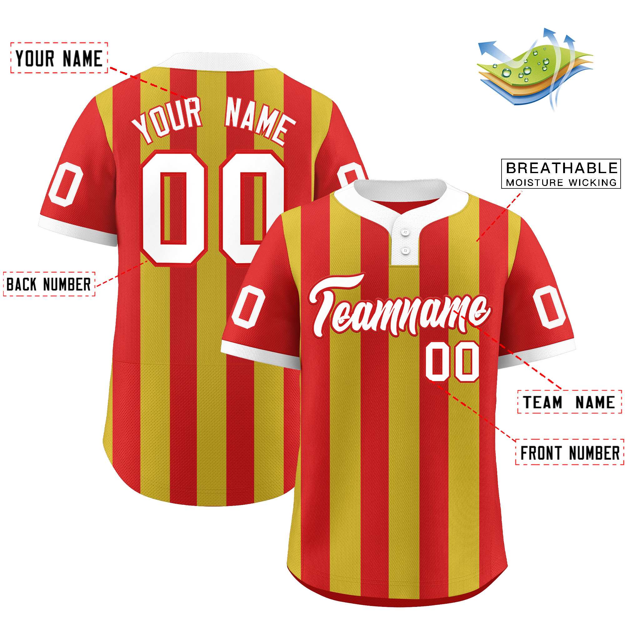 Custom Red Old Gold Stripe Fashion Authentic Two-Button Baseball Jersey