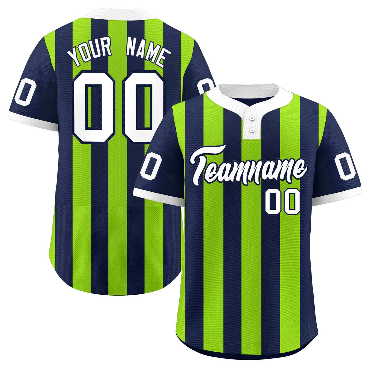 Custom Navy Neon Green Stripe Fashion Authentic Two-Button Baseball Jersey