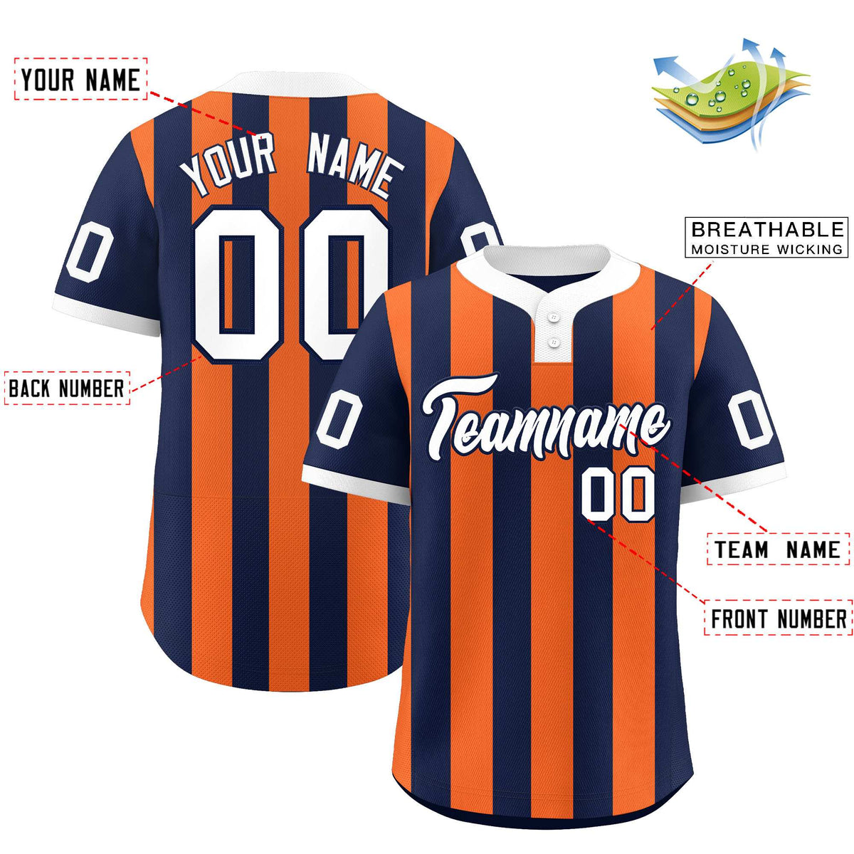 Custom Navy Orange Stripe Fashion Authentic Two-Button Baseball Jersey