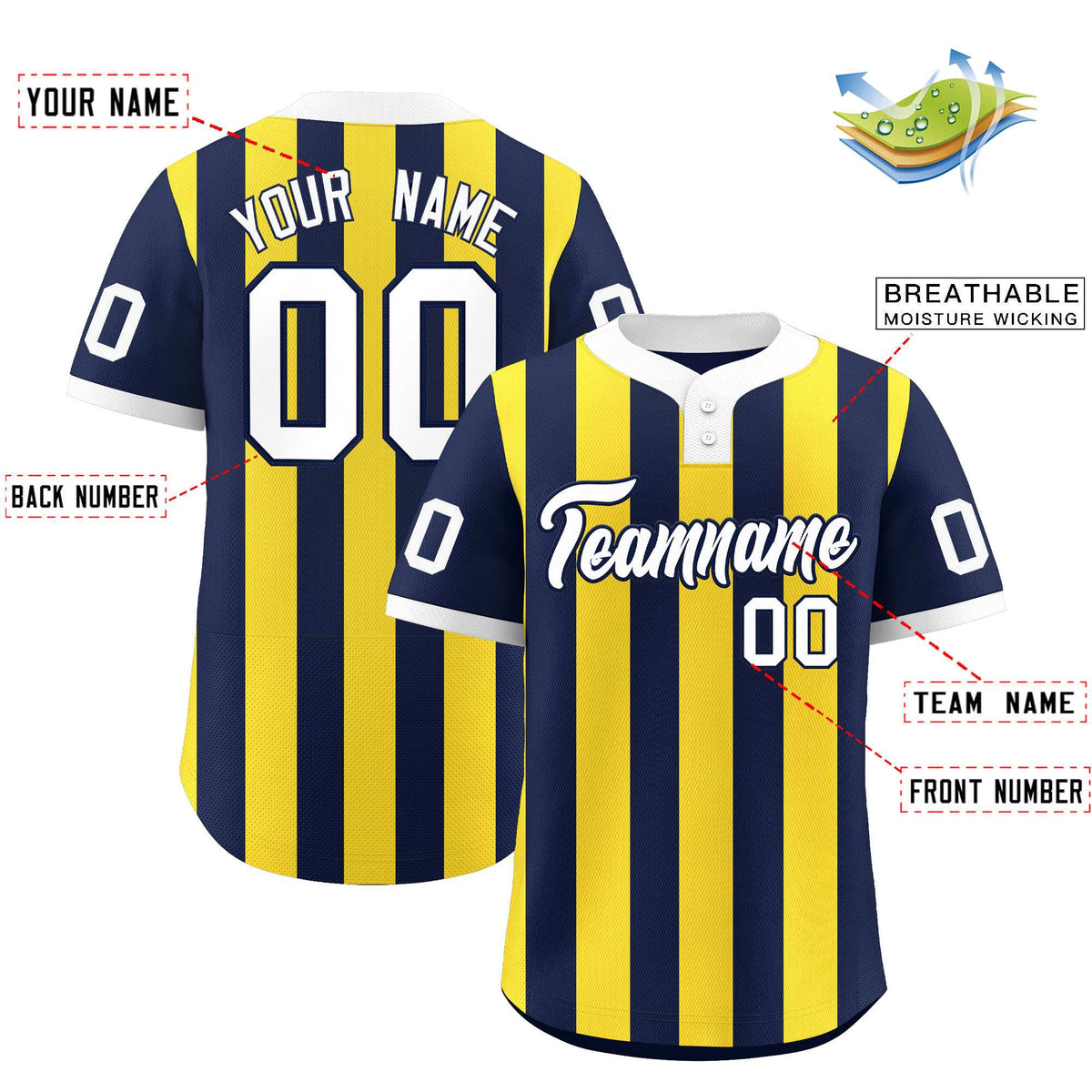 Custom Navy Gold Stripe Fashion Authentic Two-Button Baseball Jersey