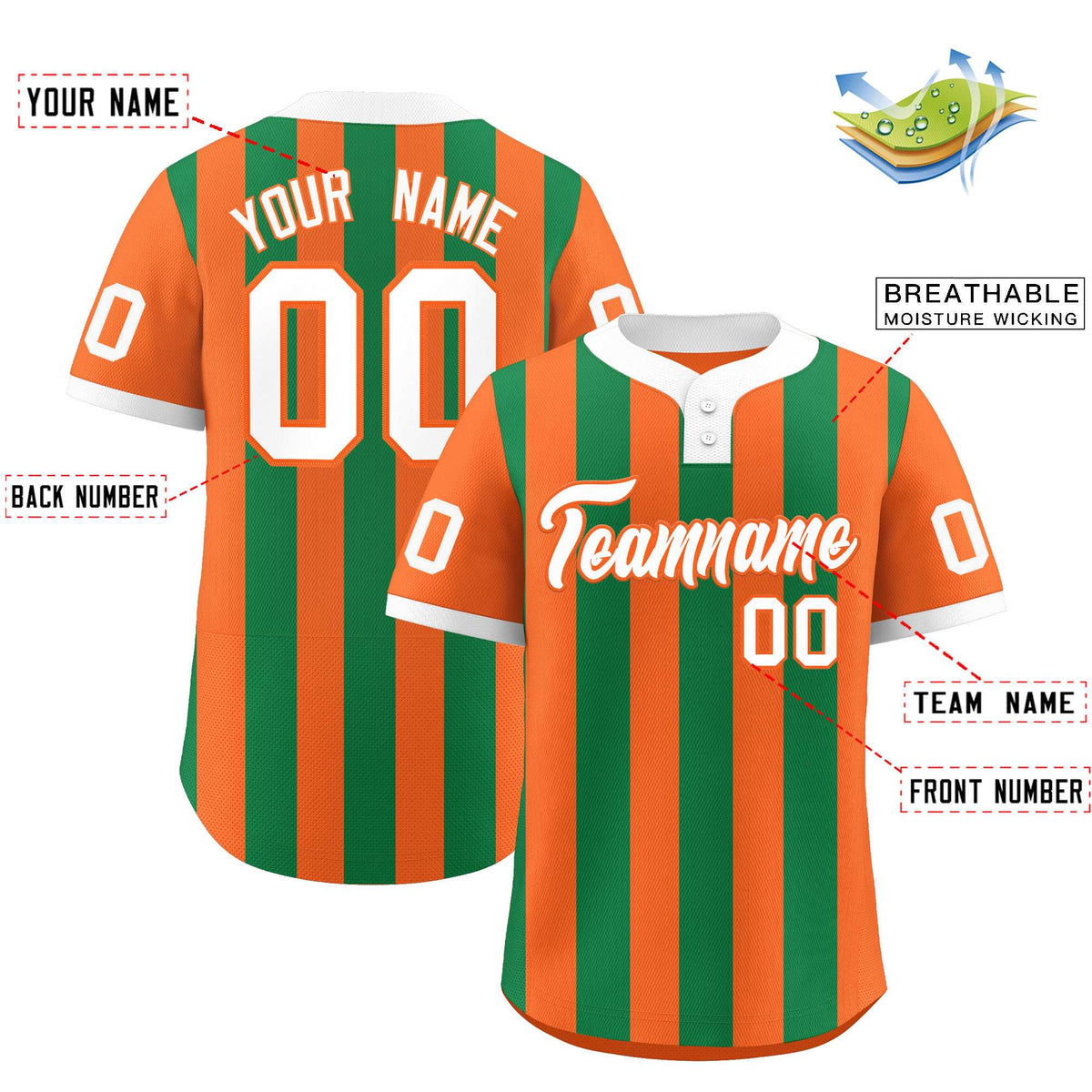 Custom Orange Kelly Green Stripe Fashion Authentic Two-Button Baseball Jersey