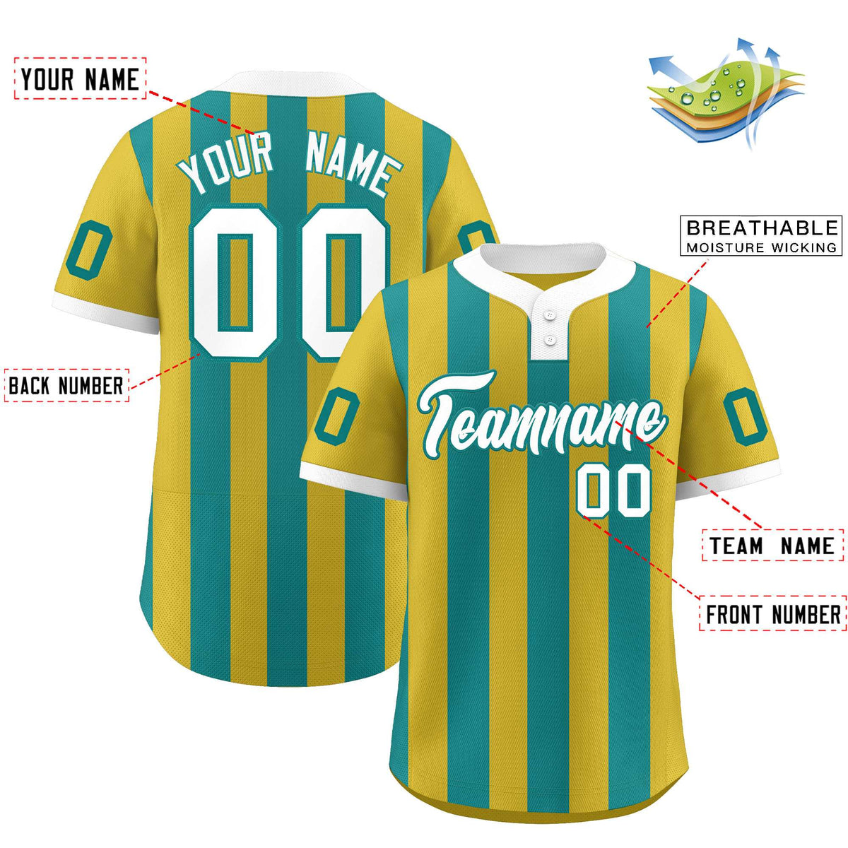 Custom Old Gold Aqua Stripe Fashion Authentic Two-Button Baseball Jersey