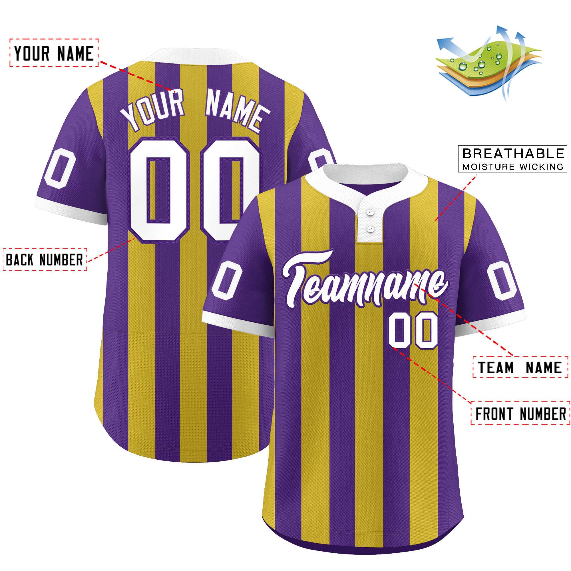 Custom Purple Old Gold Stripe Fashion Authentic Two-Button Baseball Jersey