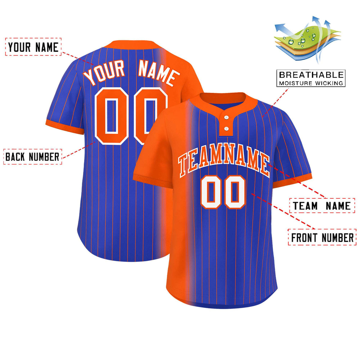 Custom Orange Royal Gradient Stripe Fashion Authentic Two-Button Baseball Jersey
