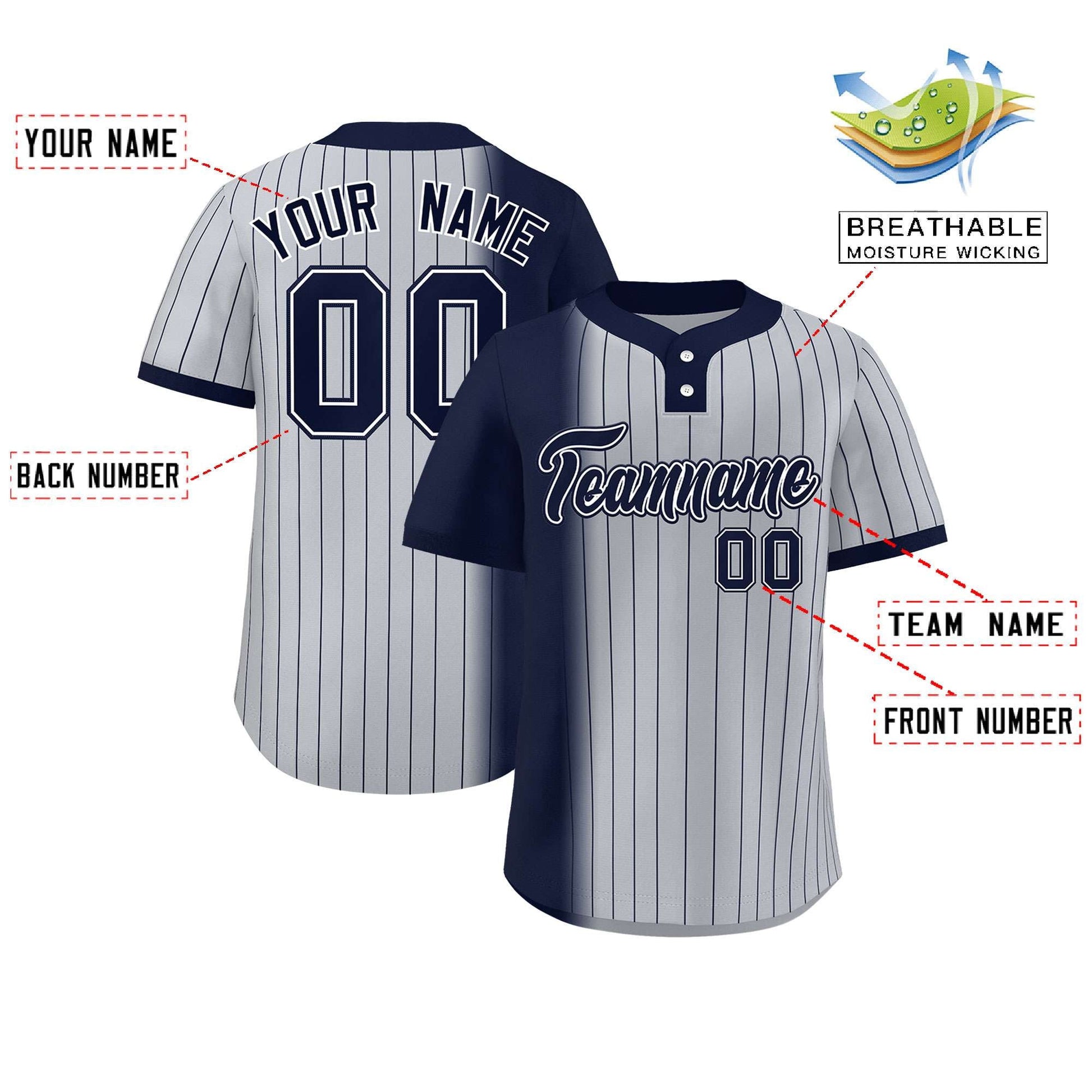 Custom Navy Gray Gradient Stripe Fashion Authentic Two-Button Baseball Jersey