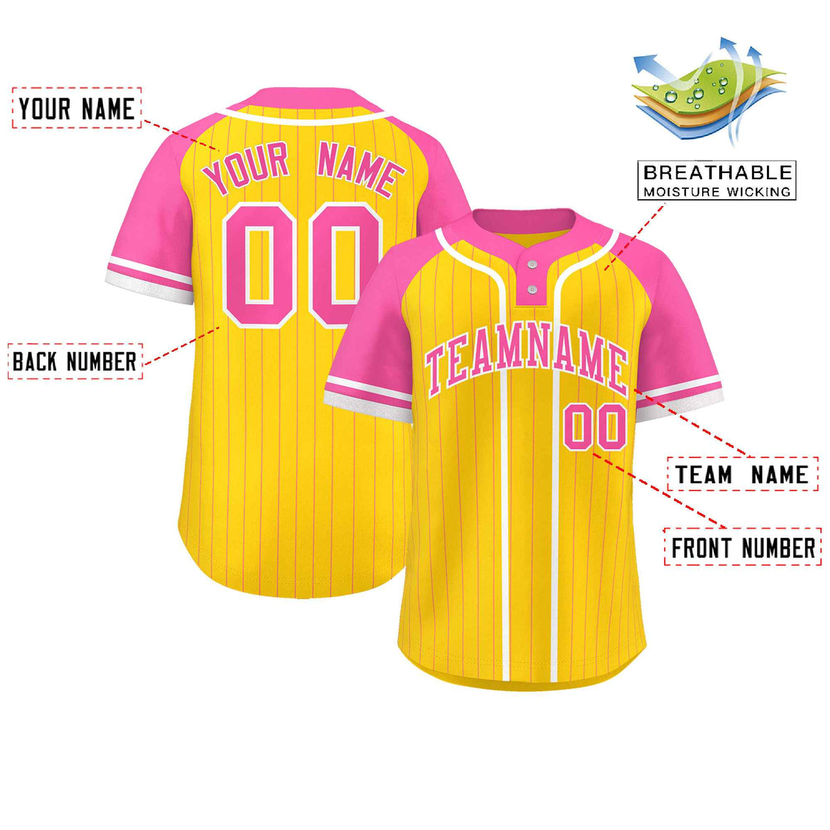 Custom Gold Pink-White Stripe Fashion Raglan Sleeves Authentic Two-Button Softball Jersey