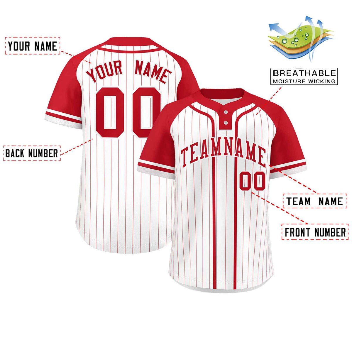 Custom White Red Stripe Fashion Raglan Sleeves Authentic Two-Button Softball Jersey