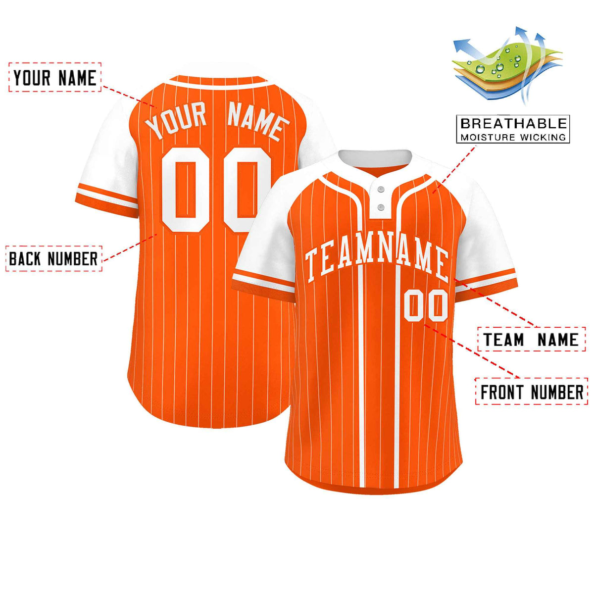 Custom Orange White Stripe Fashion Raglan Sleeves Authentic Two-Button Softball Jersey