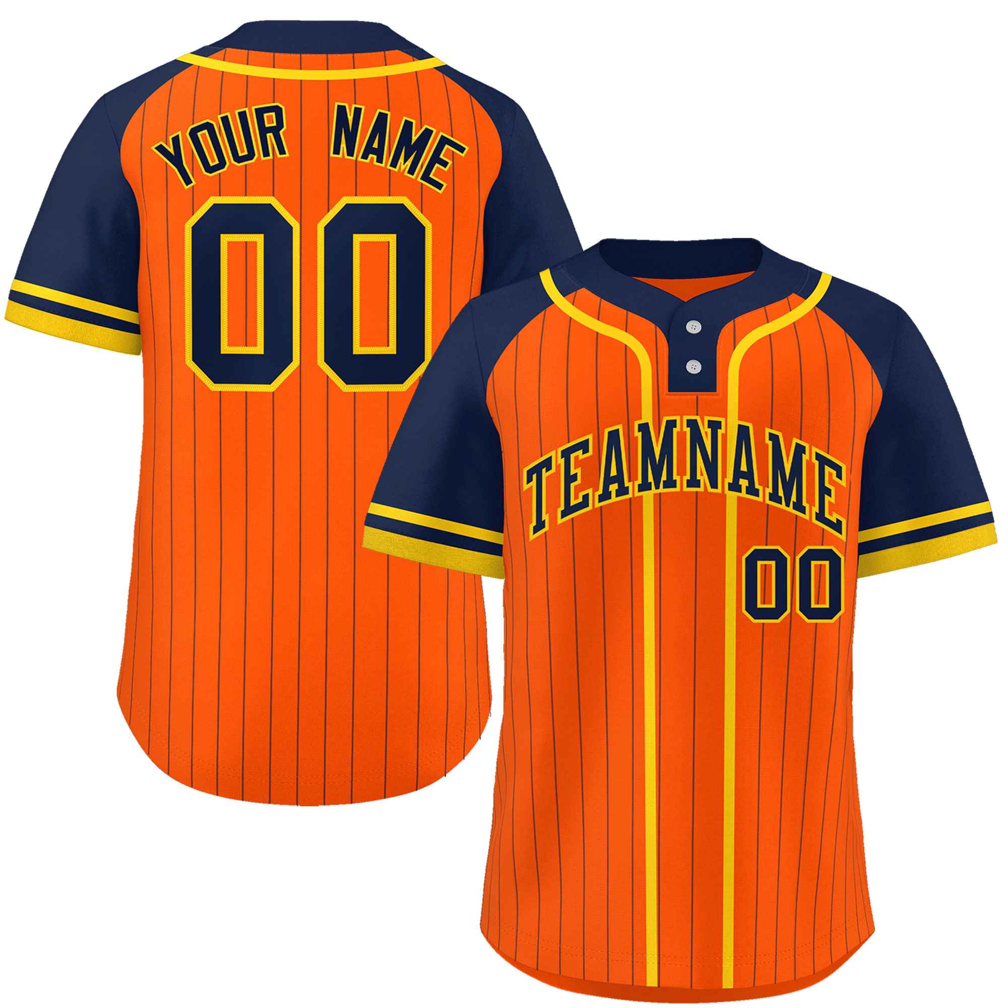 Custom Orange Navy-Gold Stripe Fashion Raglan Sleeves Authentic Two-Button Softball Jersey