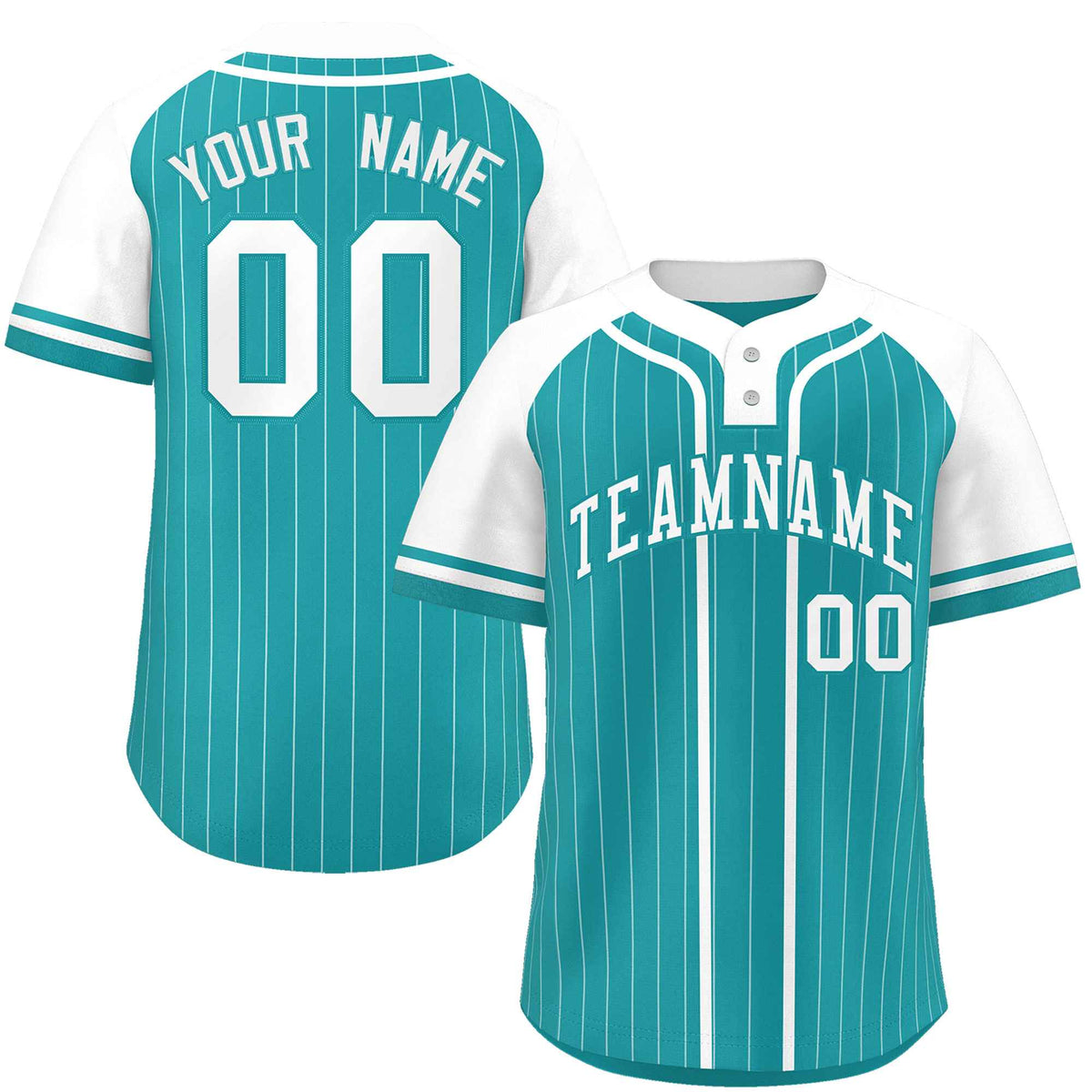 Custom Aqua White Stripe Fashion Raglan Sleeves Authentic Two-Button Softball Jersey