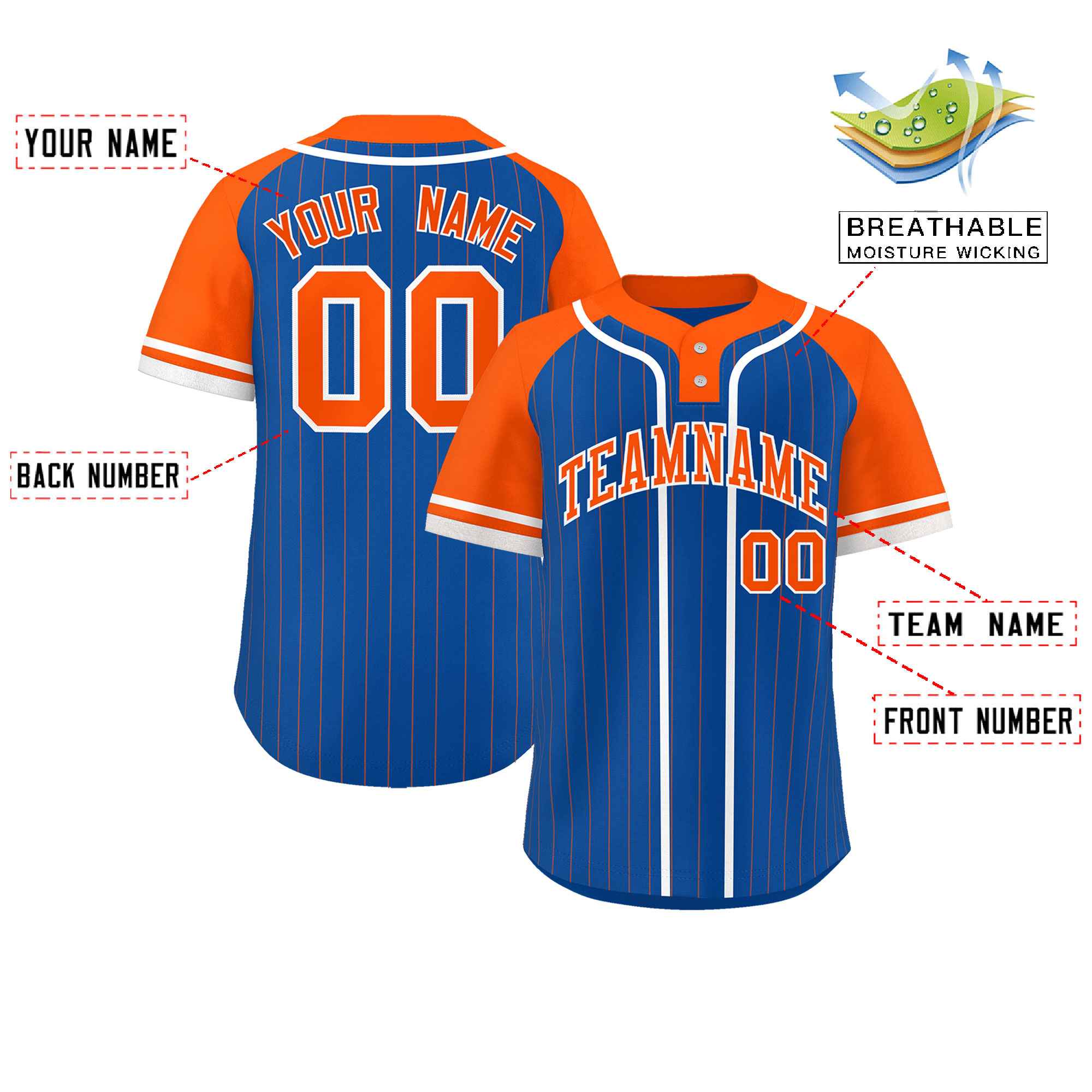 Custom Royal Orange-White Stripe Fashion Raglan Sleeves Authentic Two-Button Softball Jersey