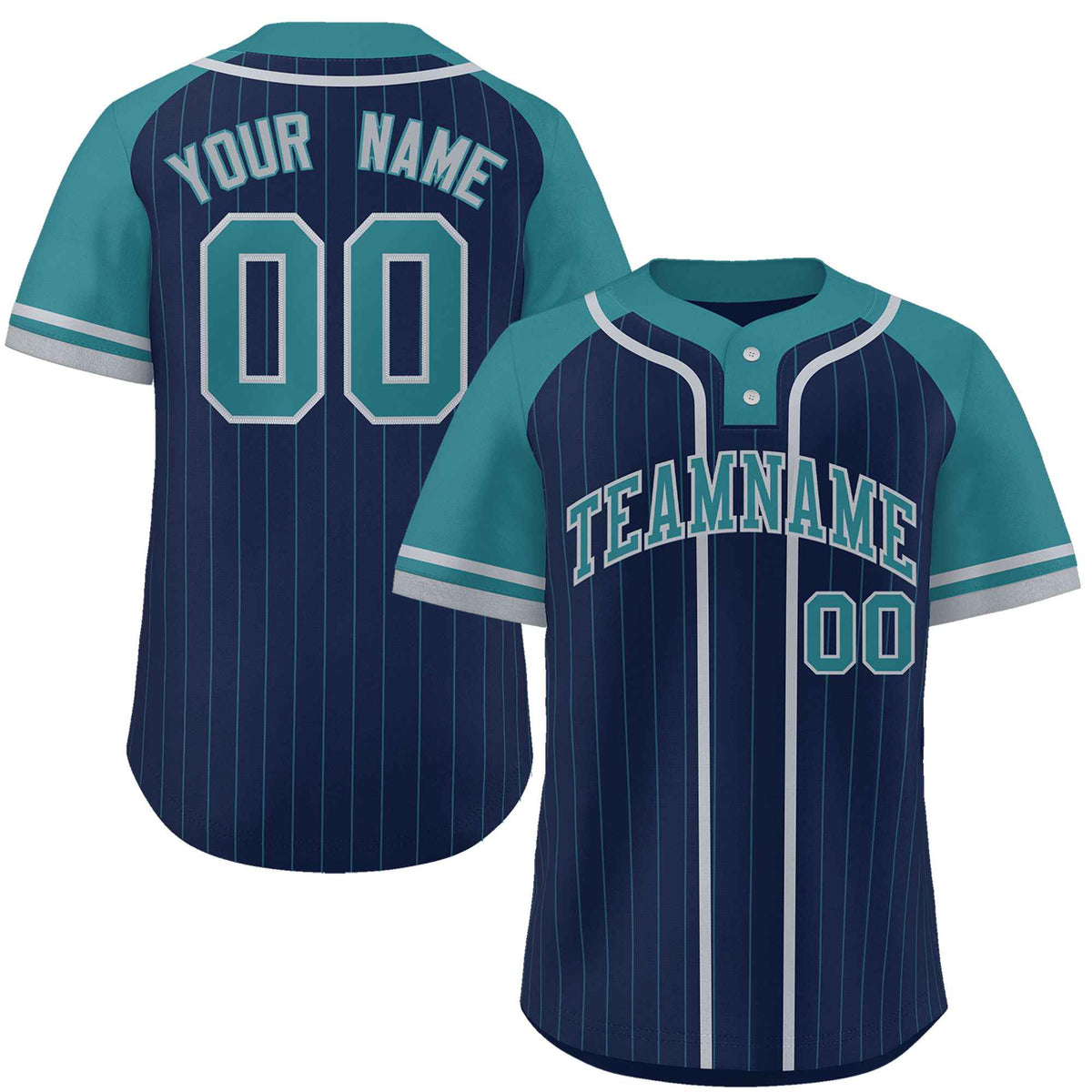 Custom Navy Aqua-Gray Stripe Fashion Raglan Sleeves Authentic Two-Button Softball Jersey