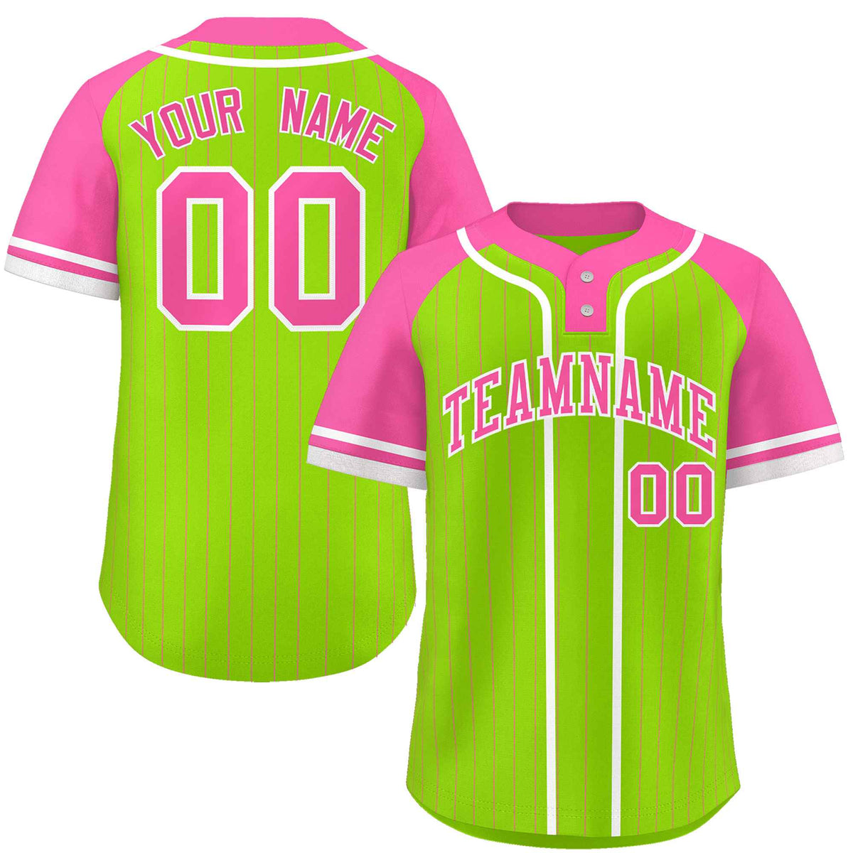 Custom Neon Green Pink-White Stripe Fashion Raglan Sleeves Authentic Two-Button Softball Jersey