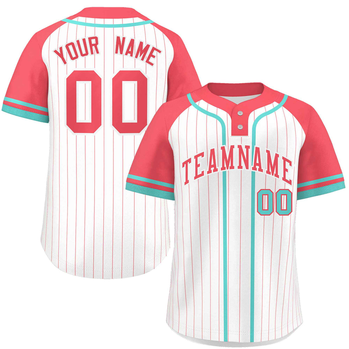 Custom White Light Red-Aqua Stripe Fashion Raglan Sleeves Authentic Two-Button Softball Jersey