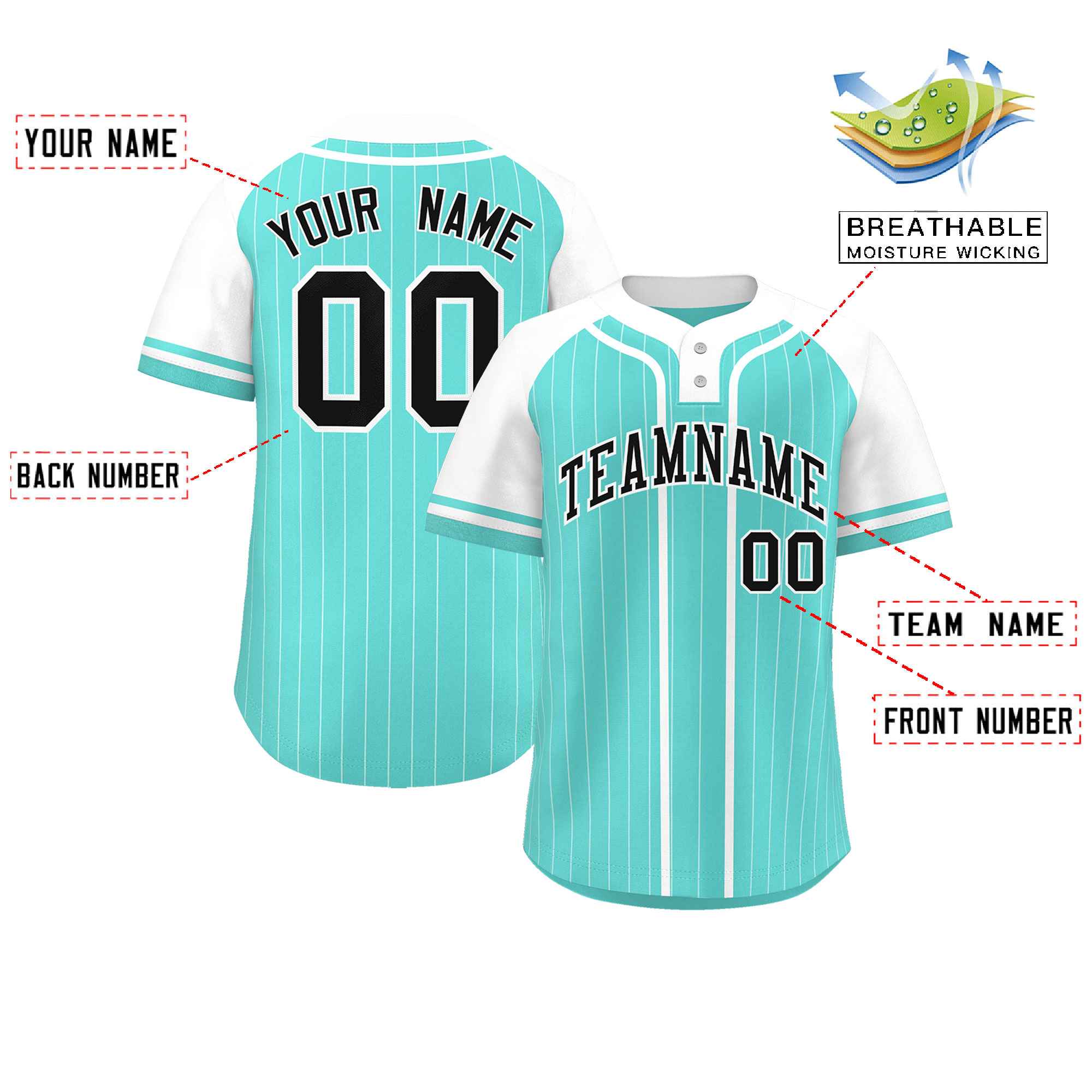 Custom Aqua White Stripe Fashion Raglan Sleeves Authentic Two-Button Softball Jersey