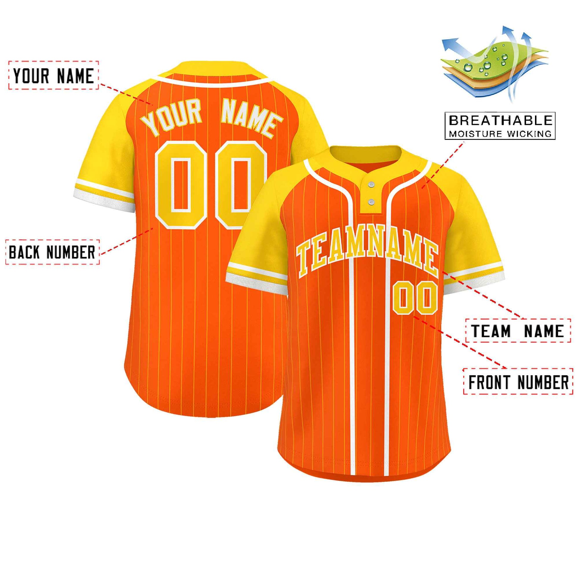 Custom Orange Gold-White Stripe Fashion Raglan Sleeves Authentic Two-Button Baseball Jersey